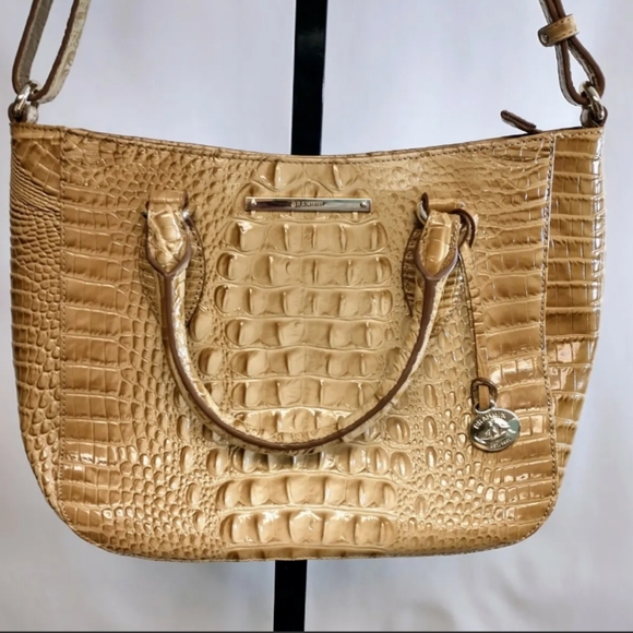 Brahmin Croc Embossed Leather Shoulder Satchel Bag Crossbody Tan EUC - Picture 2 of 10